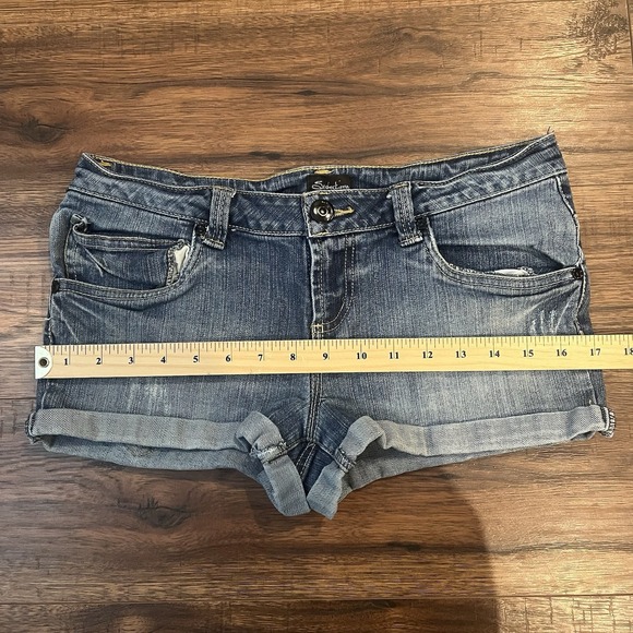 Sirens Blue Y2K Low Rise Jean Micro Mini Shorts Size 11 Cuffed Festival Summer - Picture 6 of 7